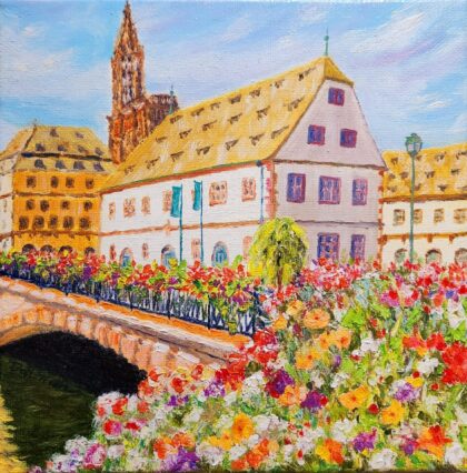 The Historical Museum and steeple of Notre-Dame cathedral in Strasbourg, France ( Oil on canvas 8x8'')