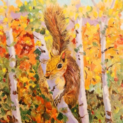 Squirrel ( Oil on wooden canvas 5x5'')